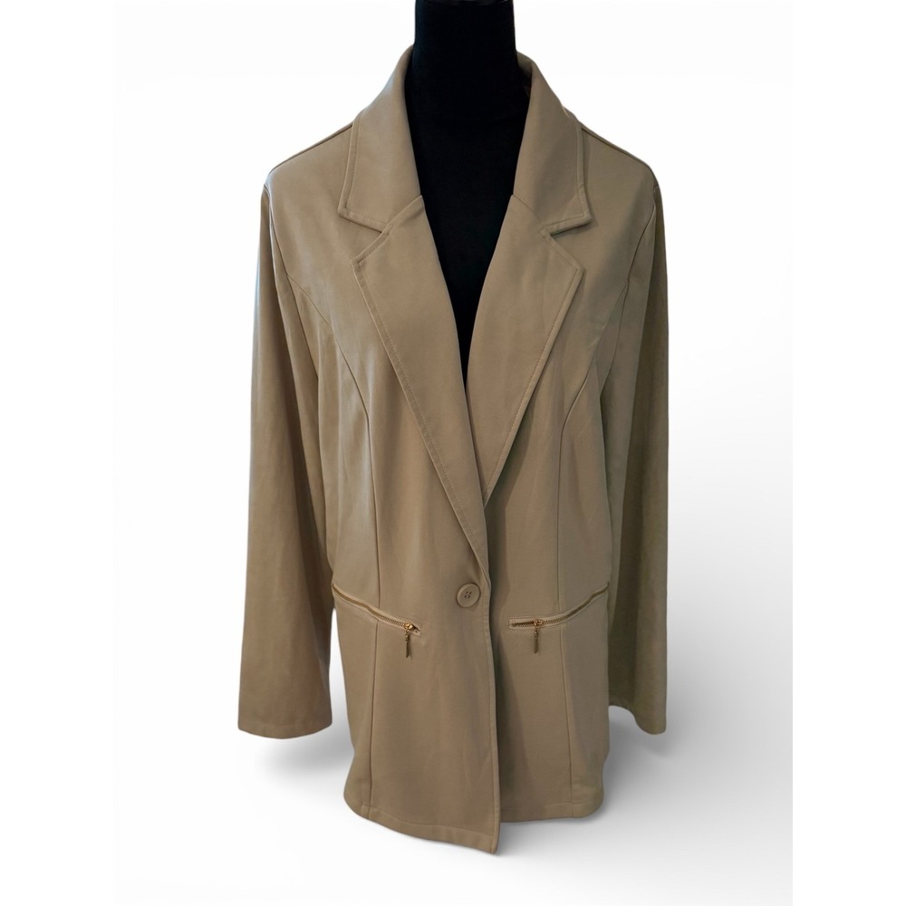 Genhoo Beige Open Front Zipper Pocket Blazer Jacket Women's 2XL